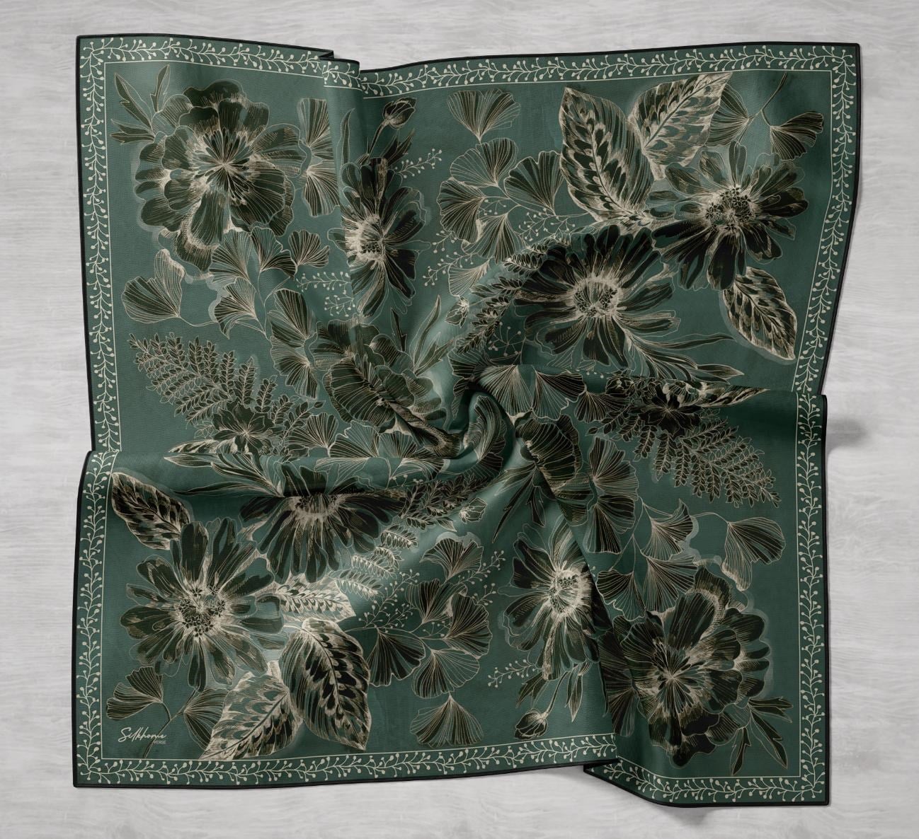 Twill İpek Eşarp Büyük Çiçek Zümrüt 90x90