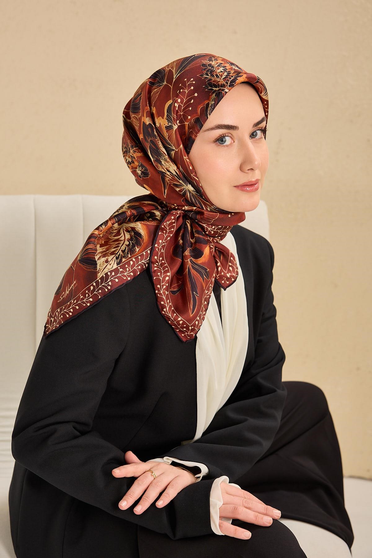 Twill İpek Eşarp Büyük Çiçek Kiremit Bordo 90x90