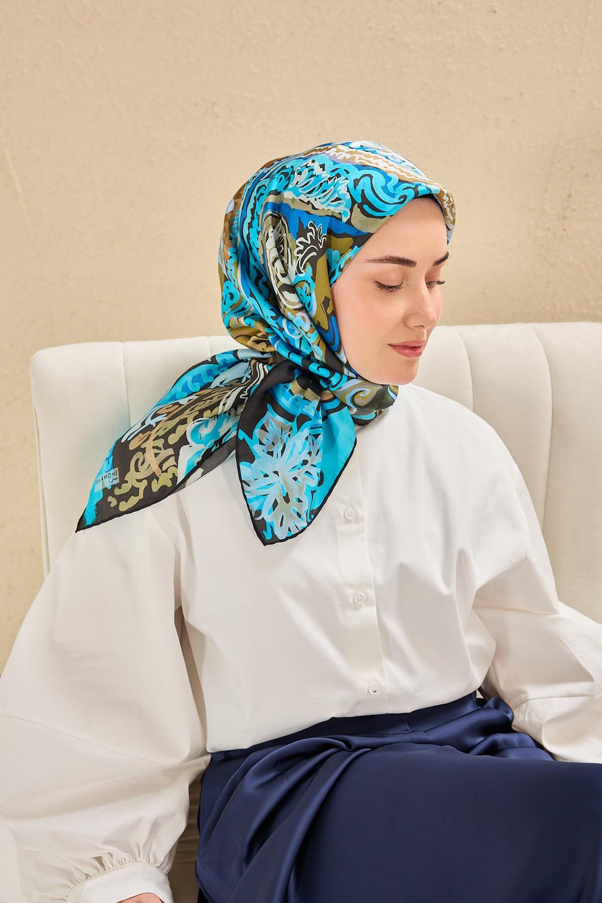 Twill İpek Eşarp Art Desen Turkuaz 90x90