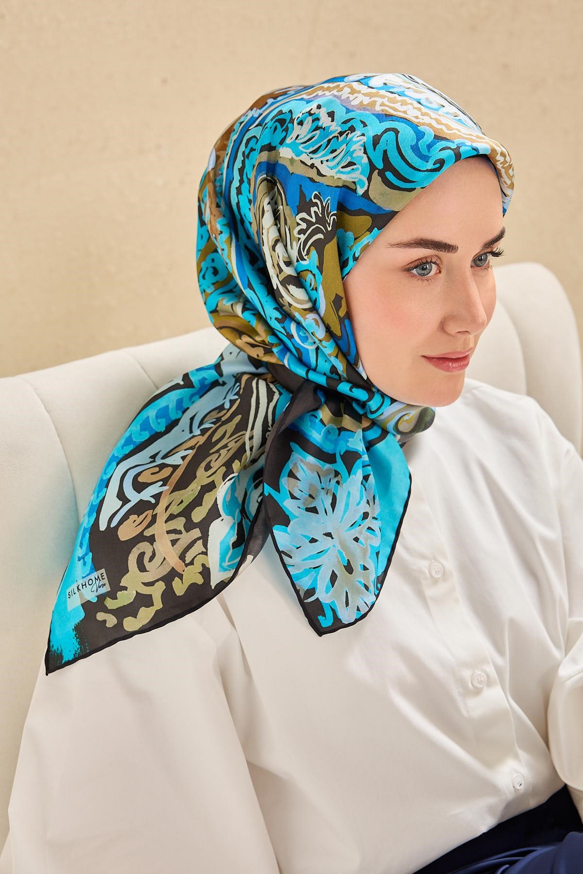 Twill İpek Eşarp Art Desen Turkuaz 90x90