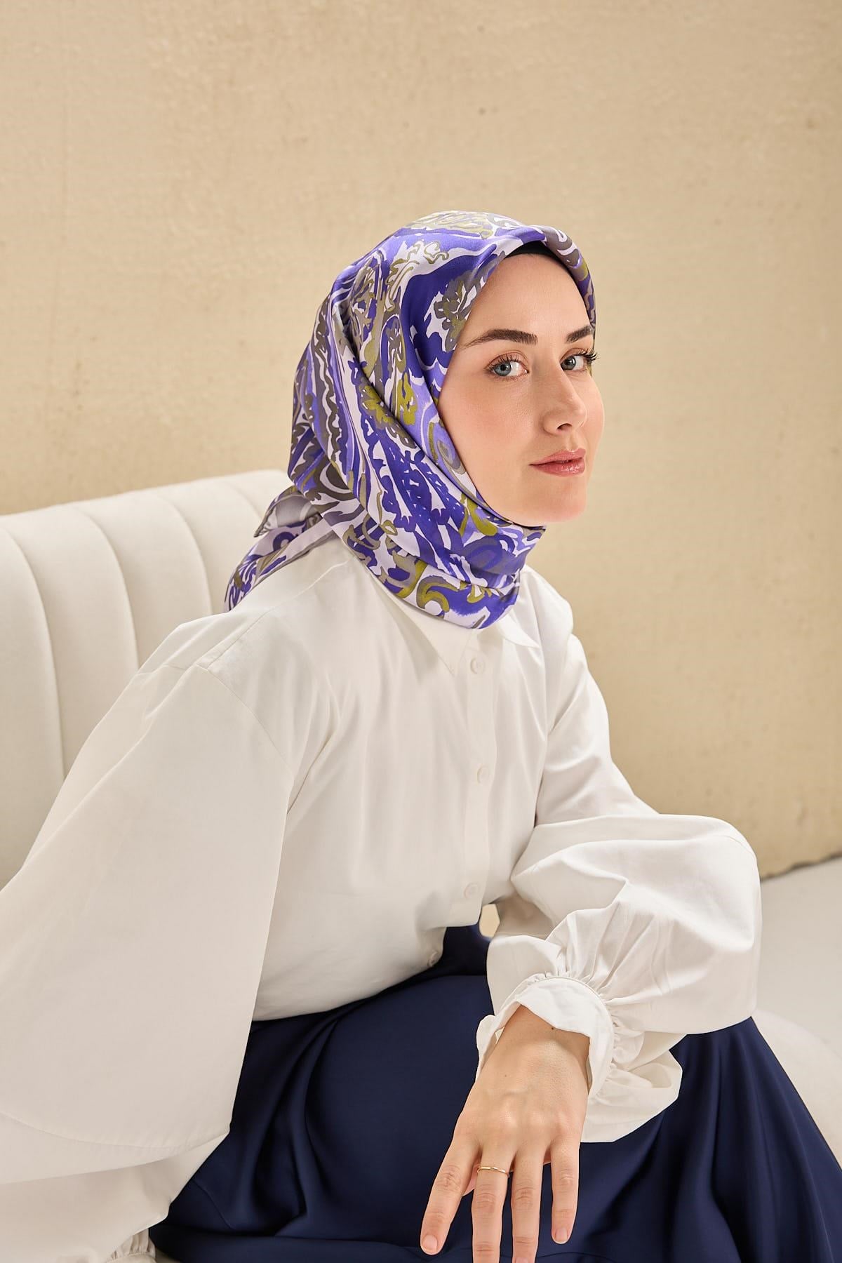 Twill İpek Eşarp Art Desen Mor 90x90