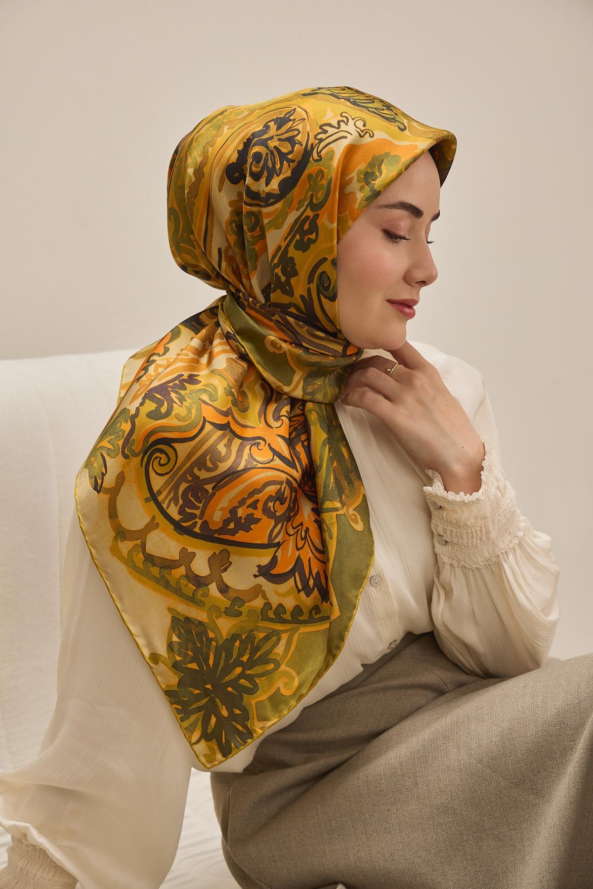 Twill İpek Eşarp Art Desen Haki 90x90