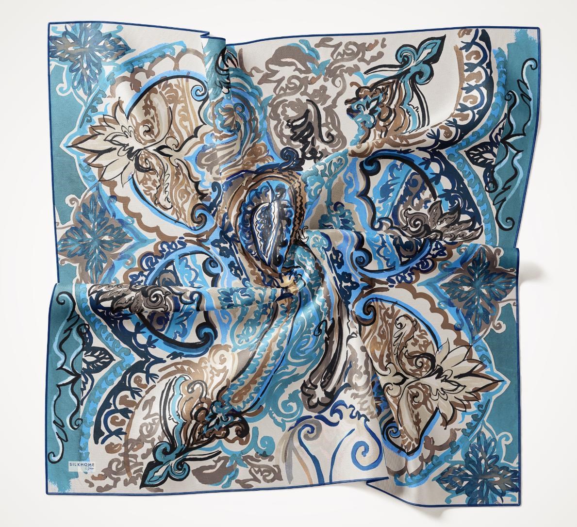 Twill İpek Eşarp Art Desen Petrol Mavi 90x90