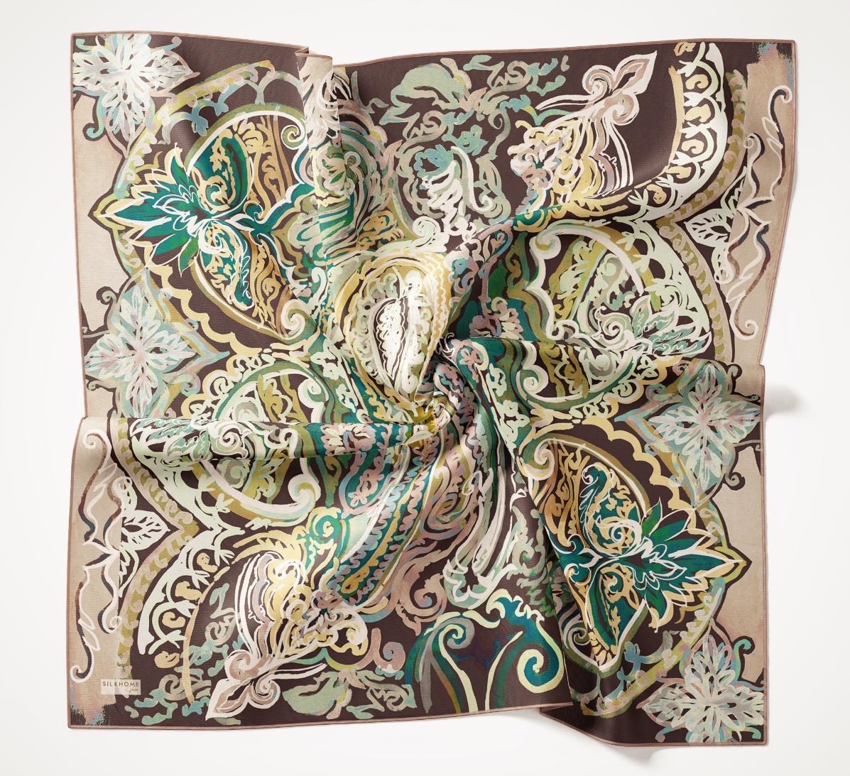 Twill İpek Eşarp Art Desen Koyu Yeşil 90x90