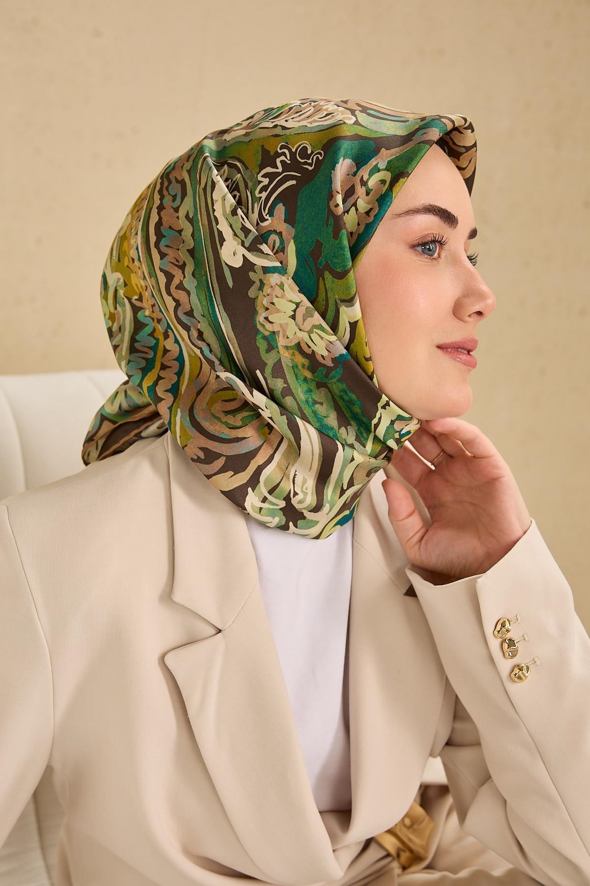 Twill İpek Eşarp Art Desen Koyu Yeşil 90x90