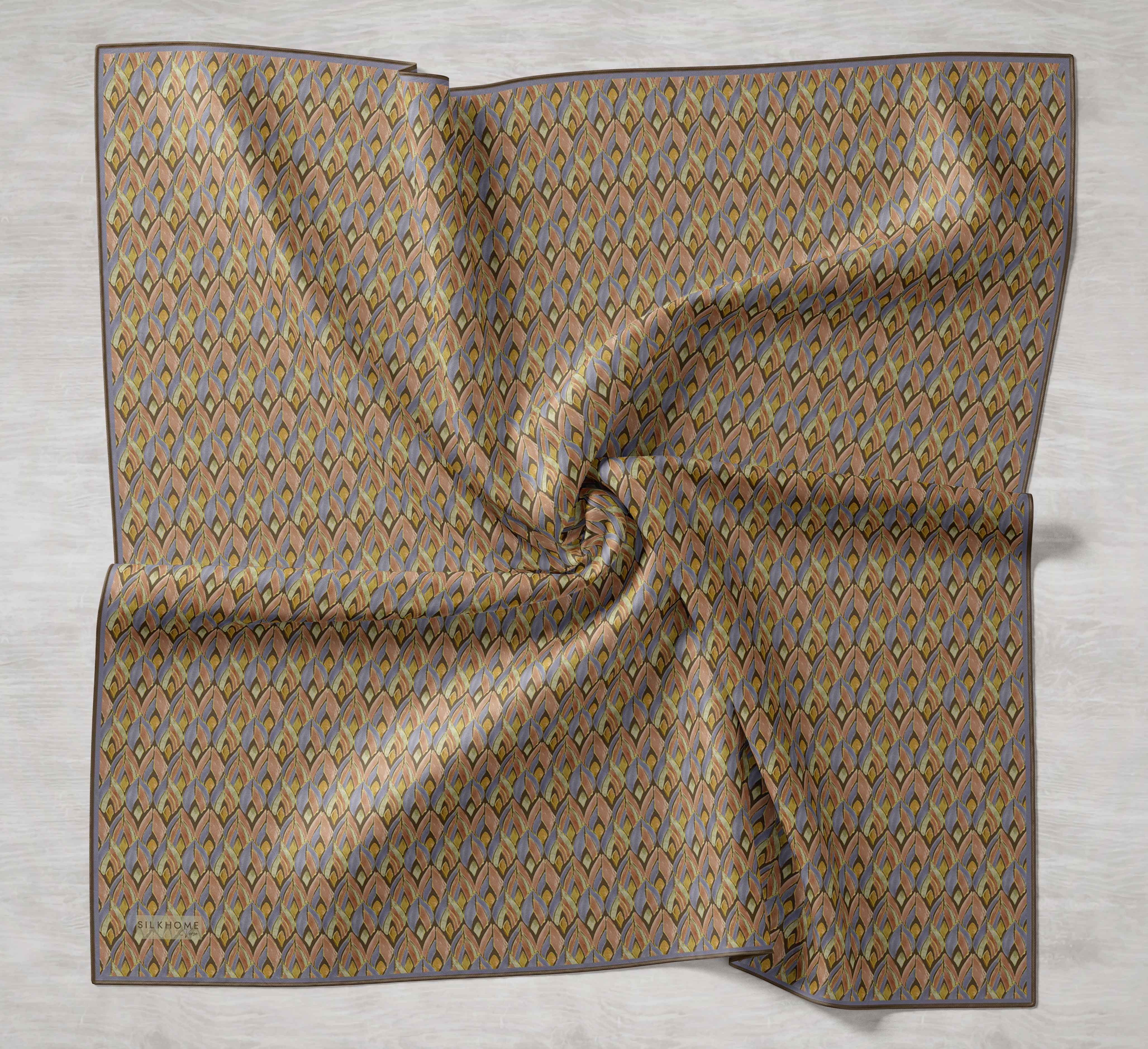 Twill İpek Eşarp Yaprak Ritmi Haki Turuncu 90x90