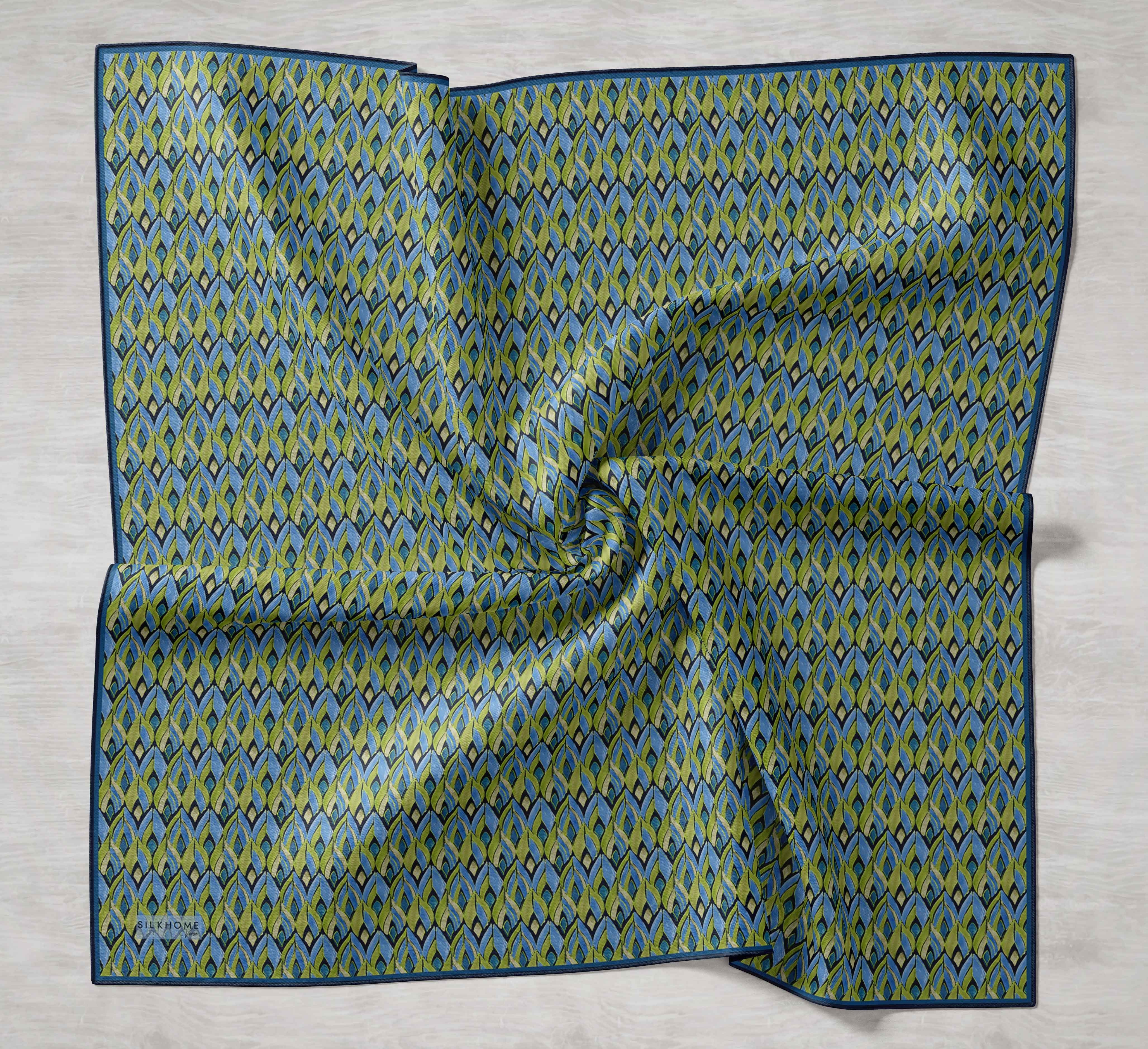 Twill İpek Eşarp Yaprak Ritmi Mavi Yeşil 90x90