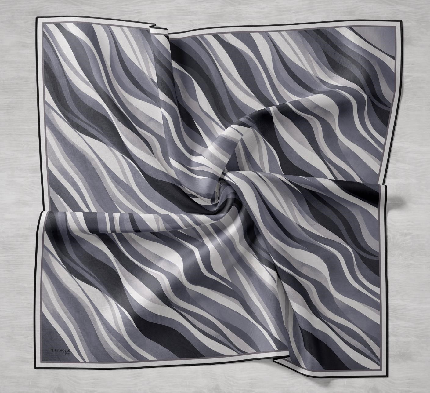 Twill İpek Eşarp Kıvrımlı Şerit Gri 90x90