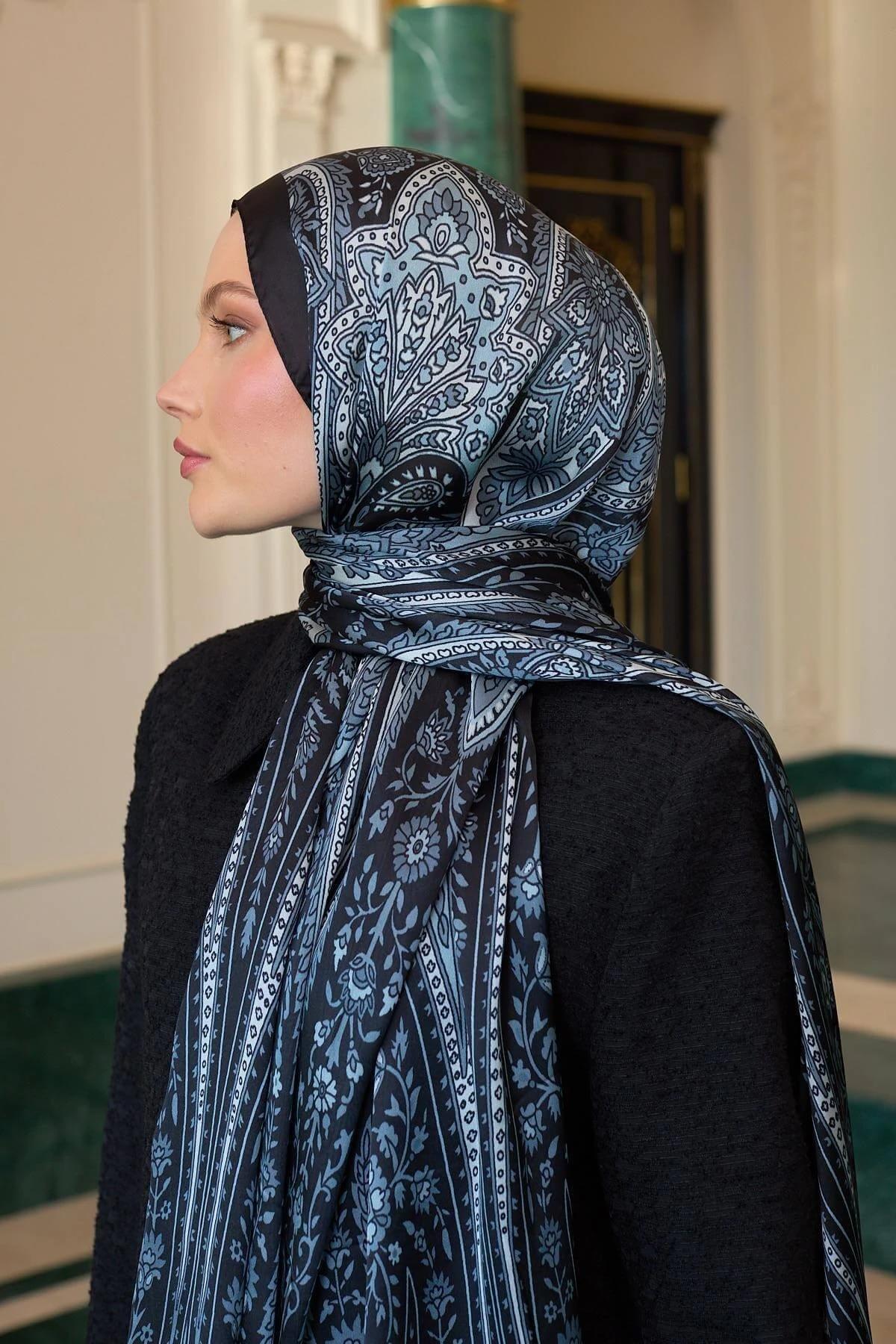 Siyah Gri Hint Vual Şal - 5009-10