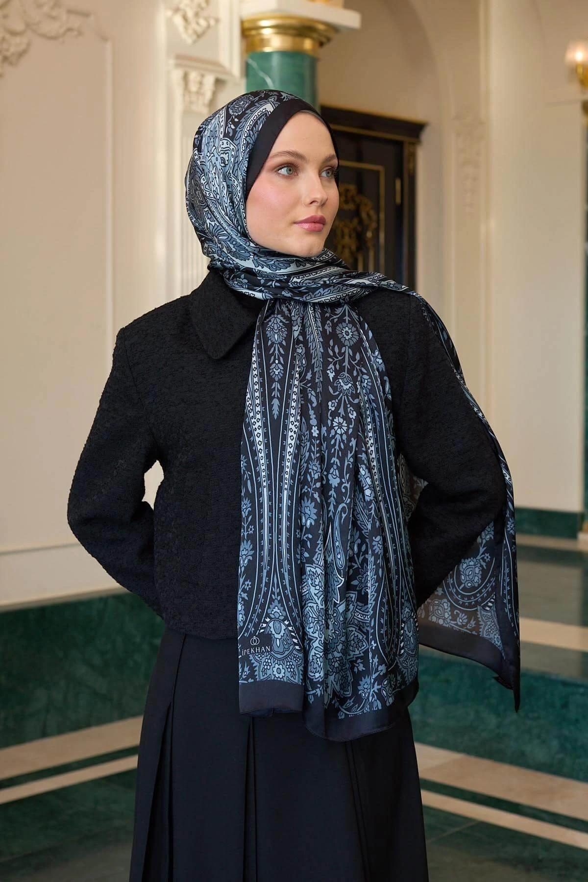 Siyah Gri Hint Vual Şal - 5009-10