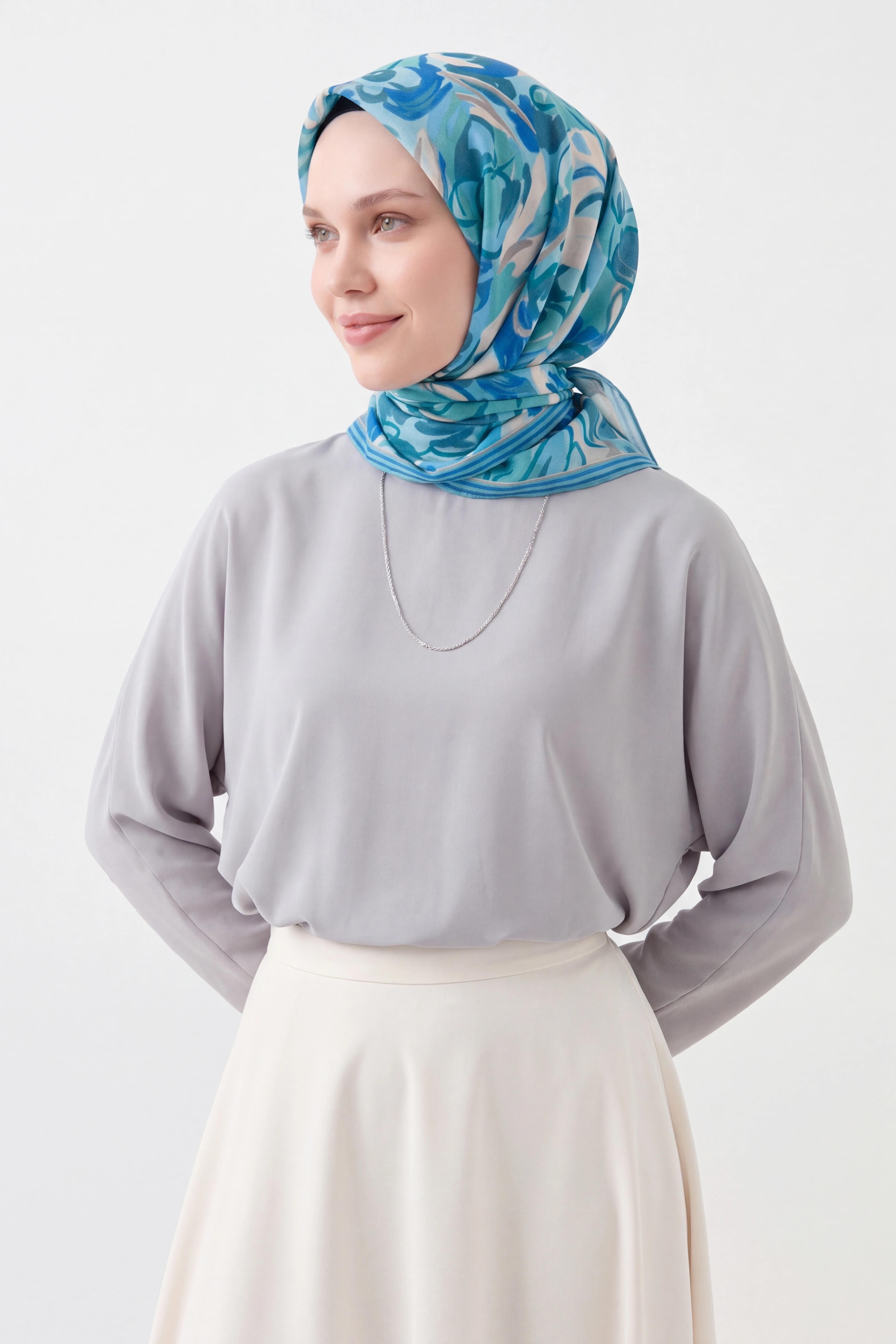 Soft Eşarp Painterly Floral Gök Mavi