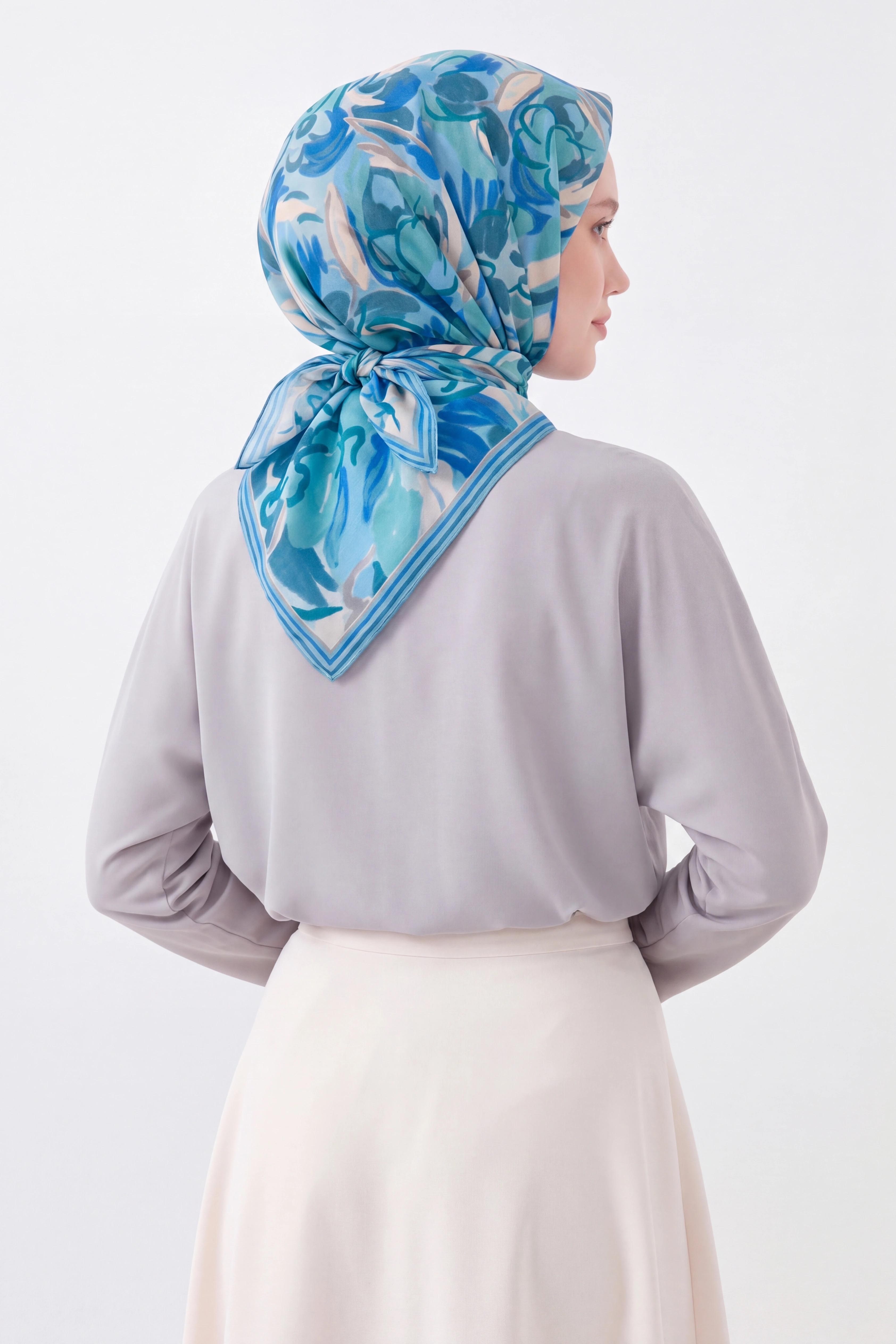 Soft Eşarp Painterly Floral Gök Mavi