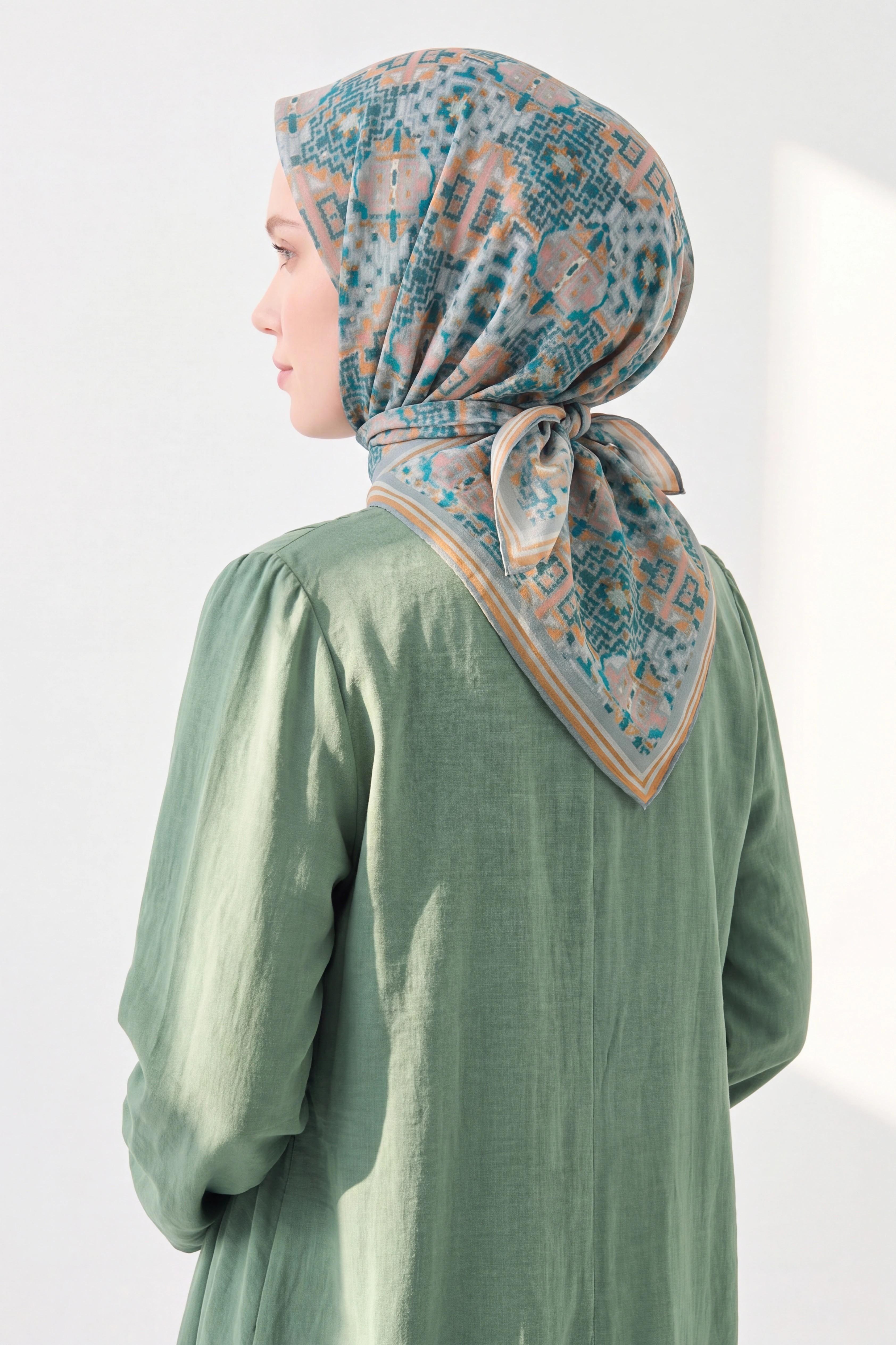 Soft Eşarp Pixel Ethnic Su Yeşili