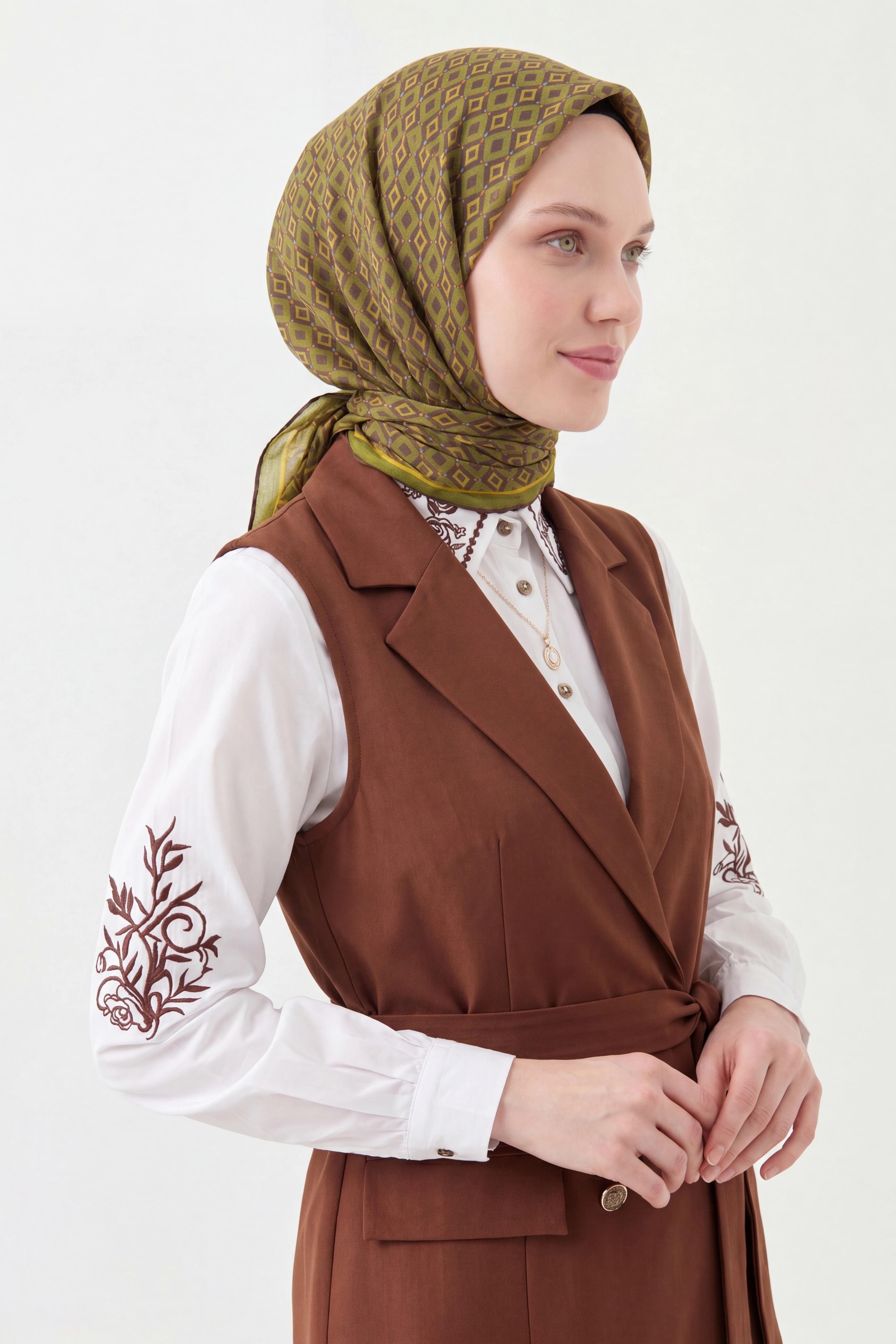 Soft Eşarp Retro Geometrik Acı Kahve