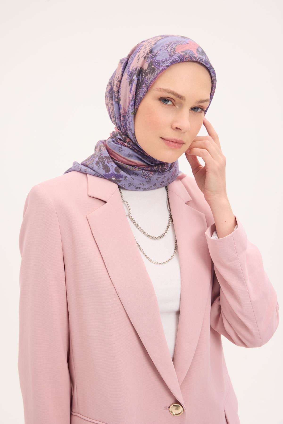 Tencel Monare Eşarp Şal Desen Lila 90x90