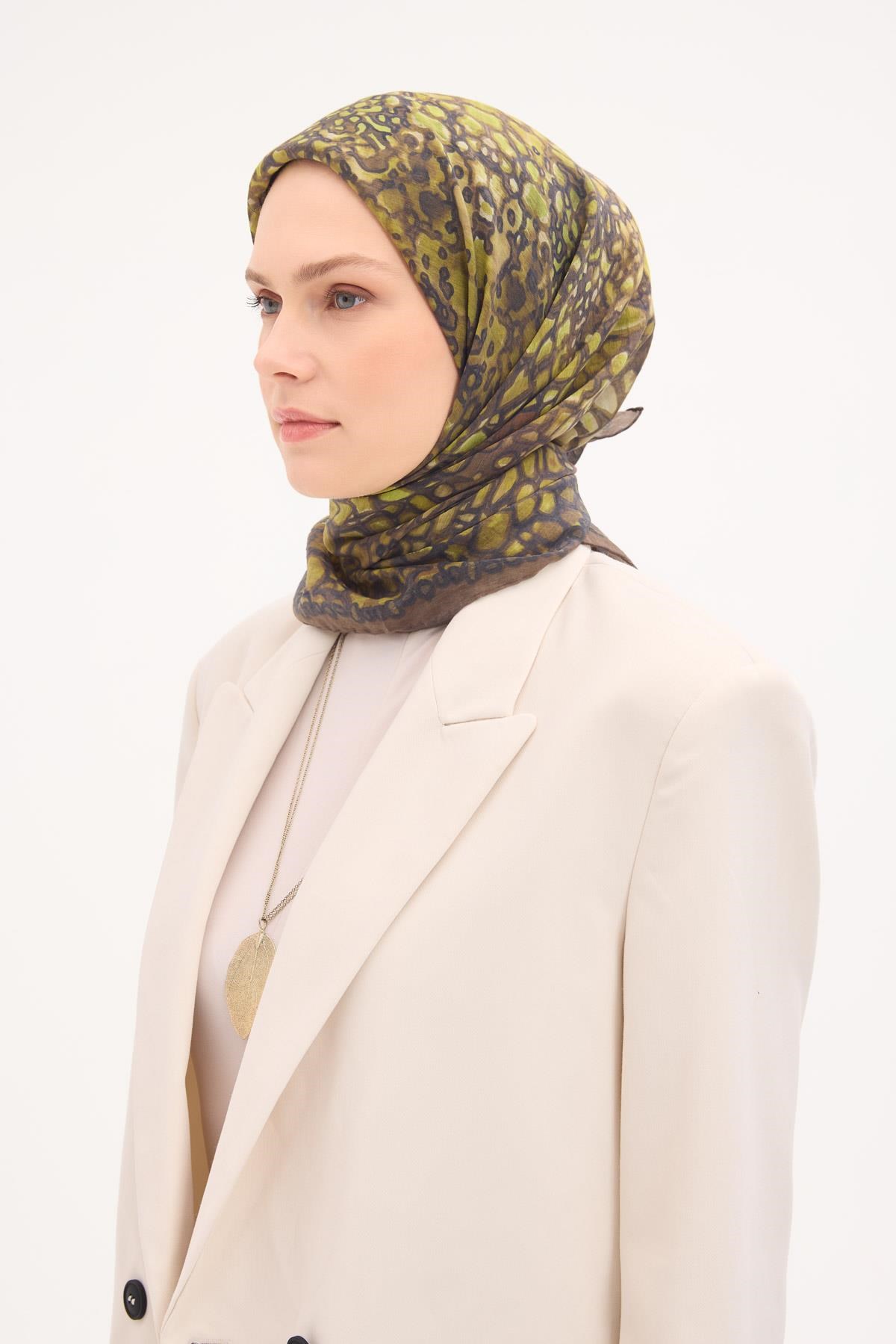 Tencel Monare Eşarp Taş Desen Haki 90x90