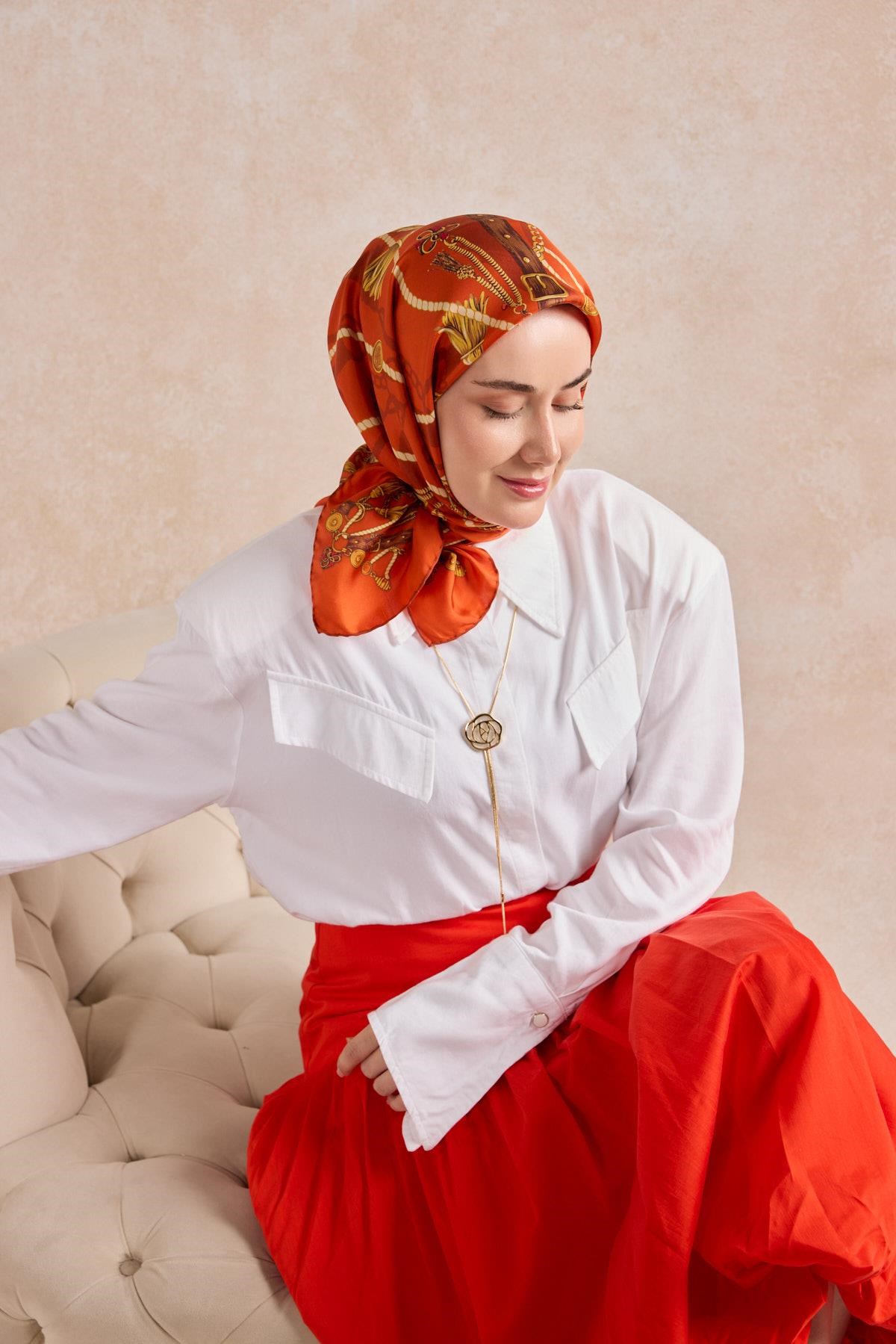 Twill İpek Detailed Belt Eşarp Koyu Turuncu 90x90