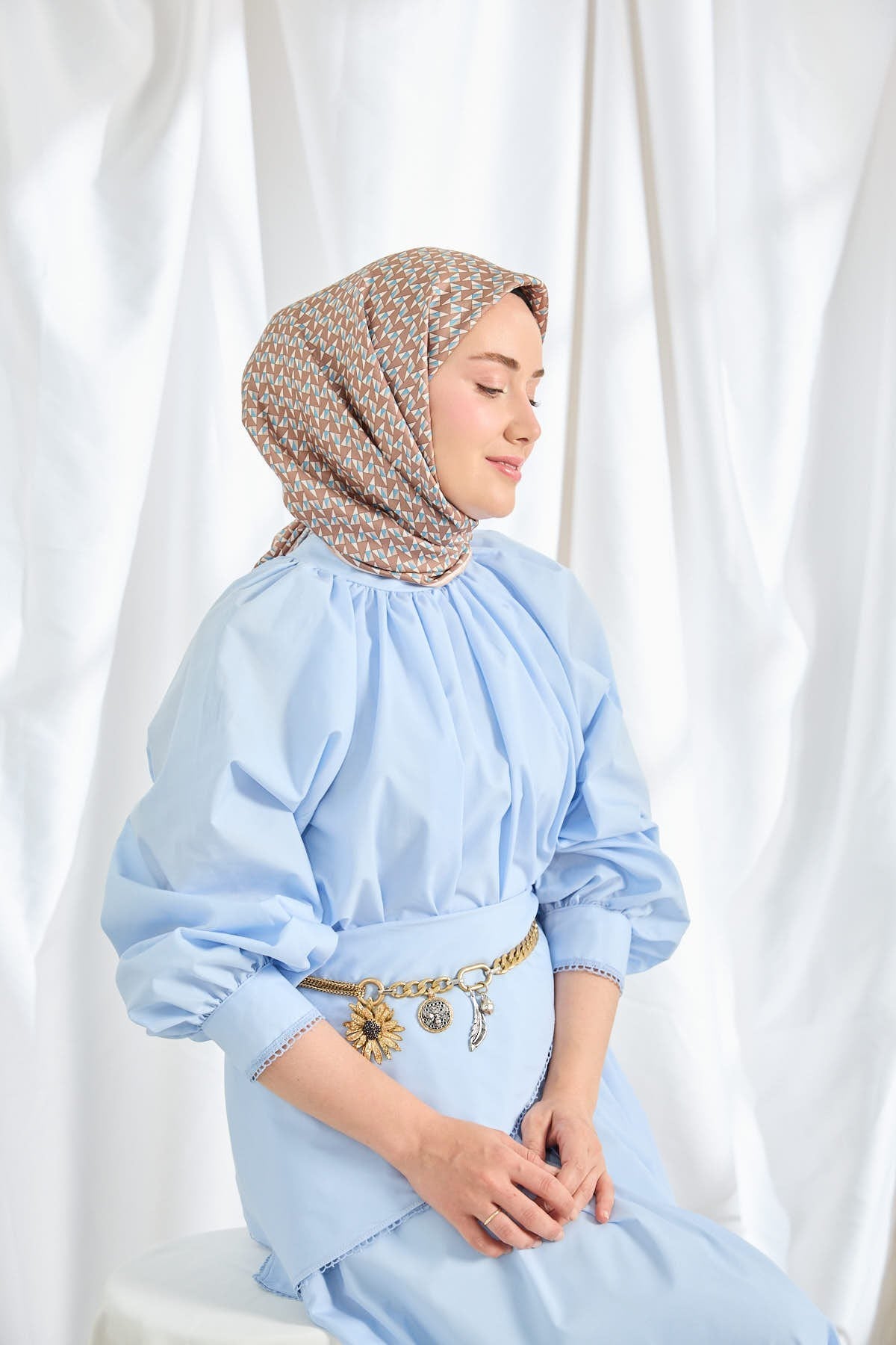 Twill İpek Eşarp Geometric Pattern Kahverengi