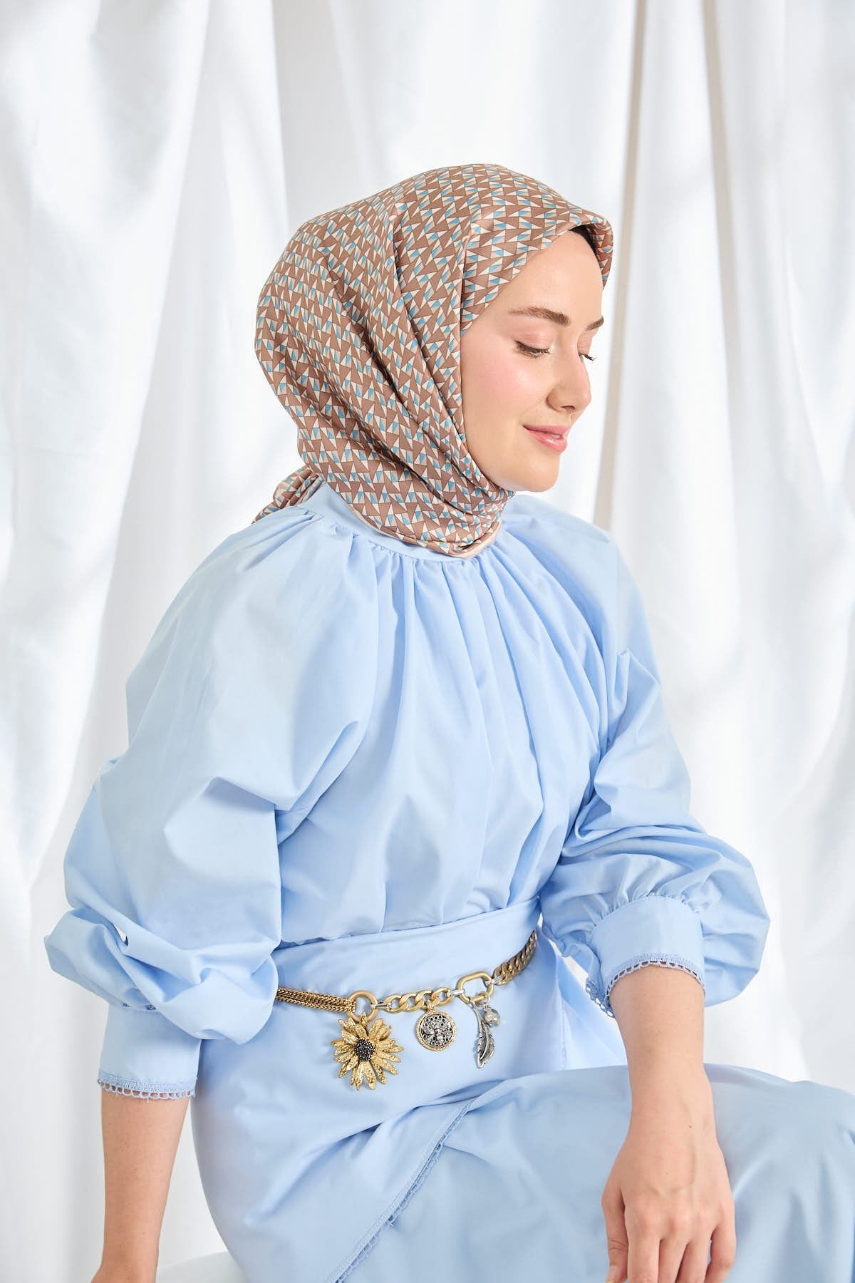 Twill İpek Eşarp Geometric Pattern Kahverengi