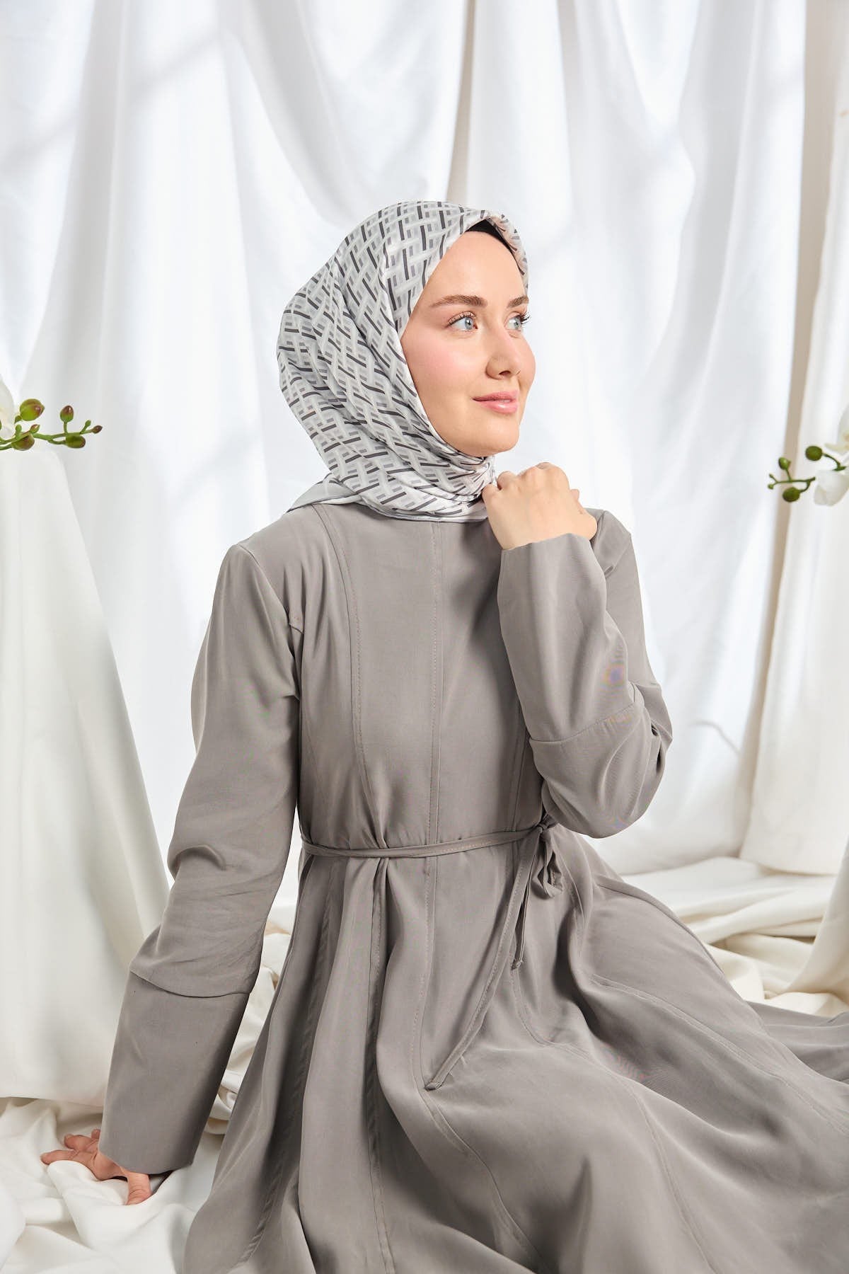 Twill İpek Eşarp Geometrik Gümüş