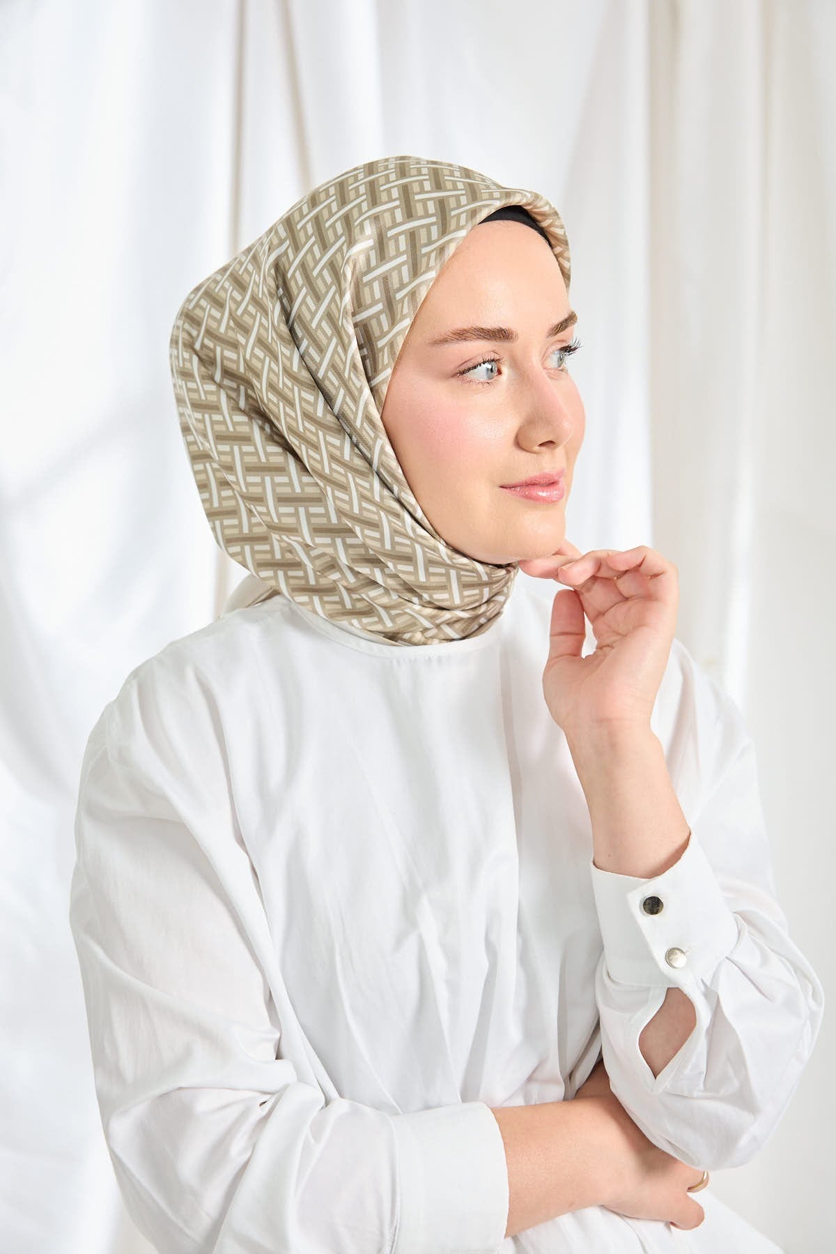 Twill İpek Eşarp Geometrik Küf Yeşili