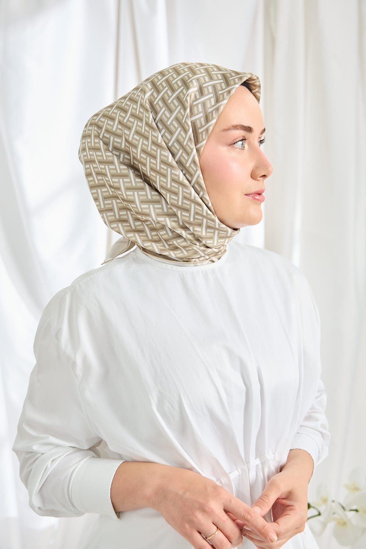 Twill İpek Eşarp Geometrik Küf Yeşili