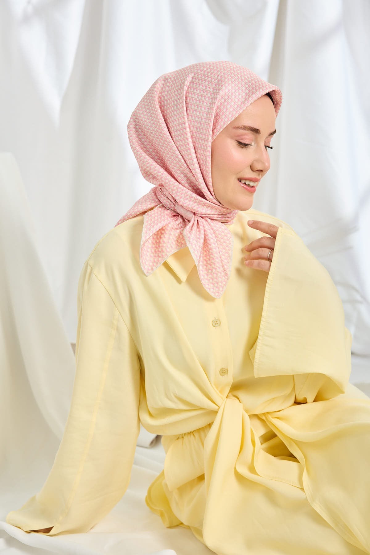 Twill İpek Eşarp Micro Kare Pembe