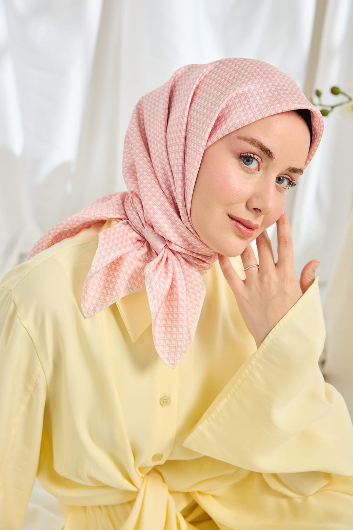Twill İpek Eşarp Micro Kare Pembe