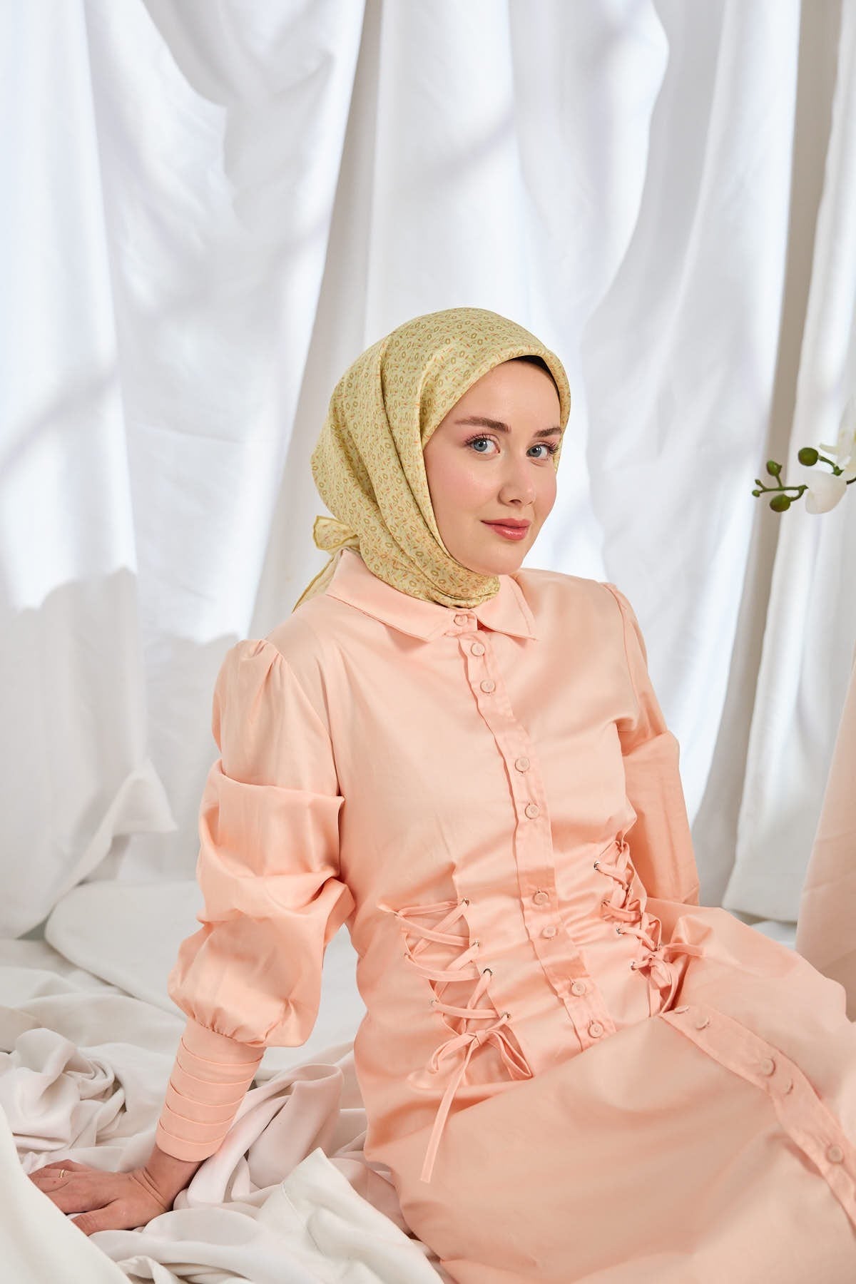Twill İpek Eşarp Mini Bouquet Açık Sarı