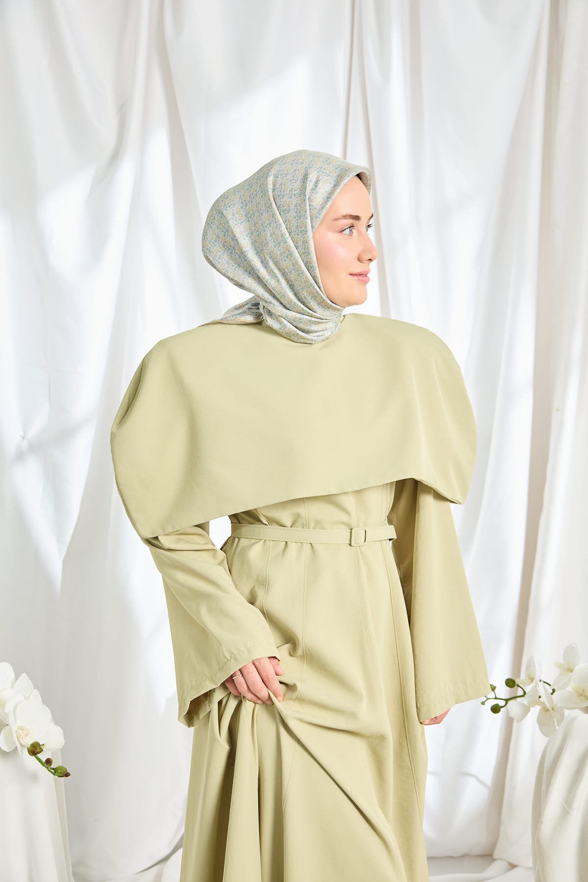 Twill İpek Eşarp Mini Bouquet Mavi Gri
