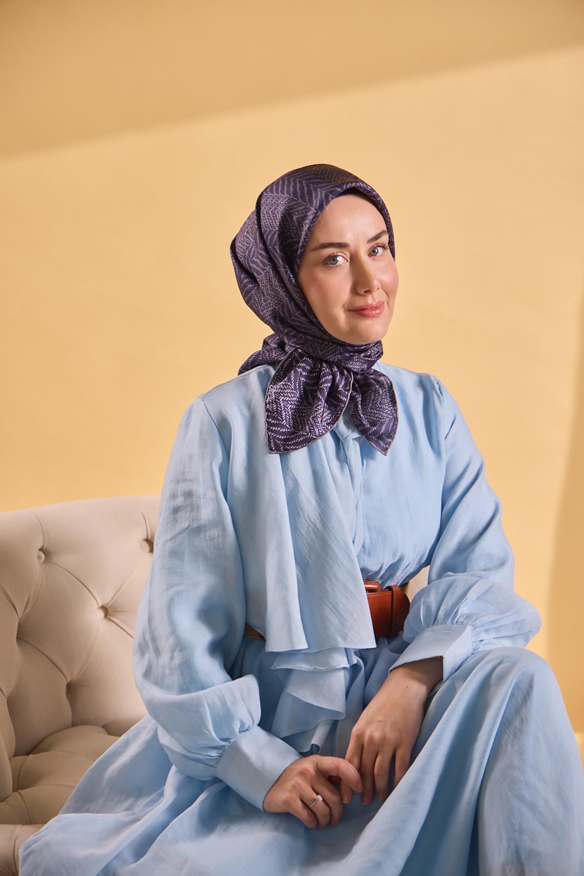 Twill İpek Eşarp Minimal Desen Koyu Mor 90x90