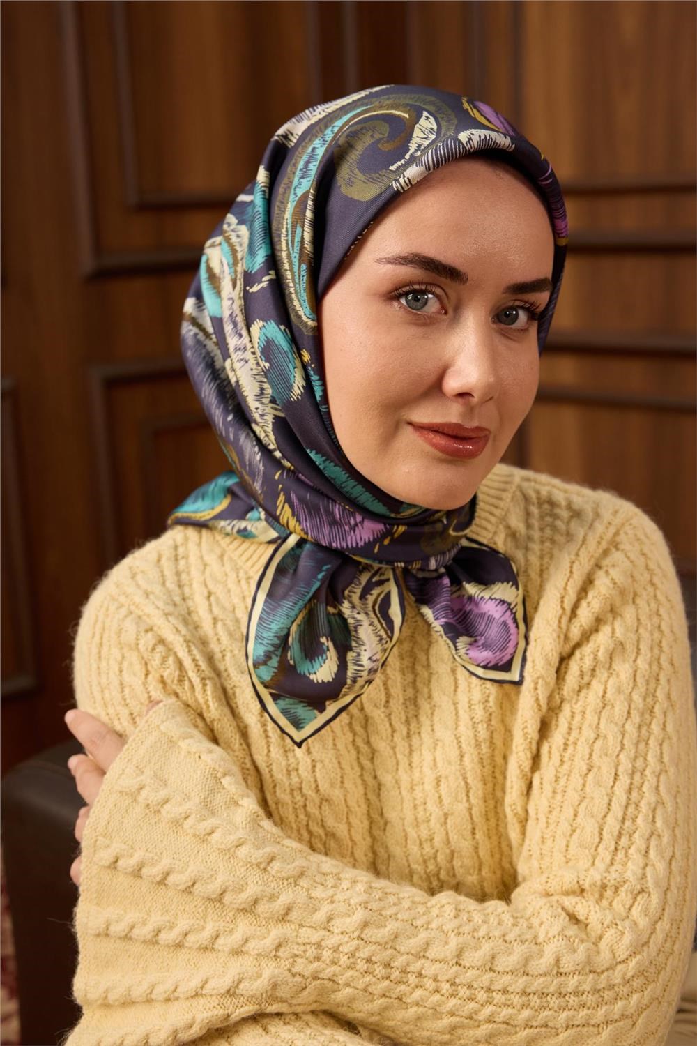 Twill İpek Eşarp Morcivert-Butter Desenli Tok Duruşlu 90X90