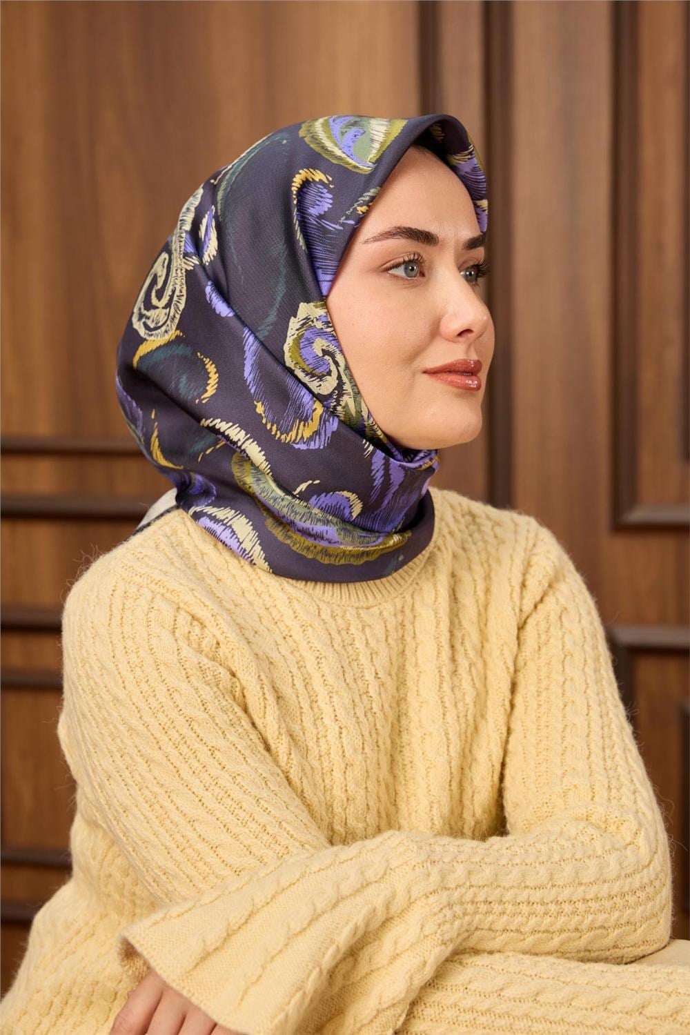 Twill İpek Eşarp Morcivert-Funda Desenli Tok Duruşlu 90X90