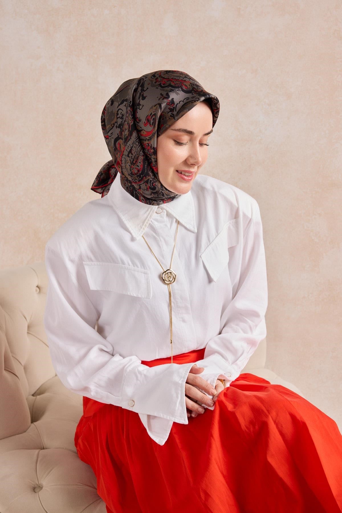 Twill İpek Eşarp Royale Şal Desen Füme 90x90