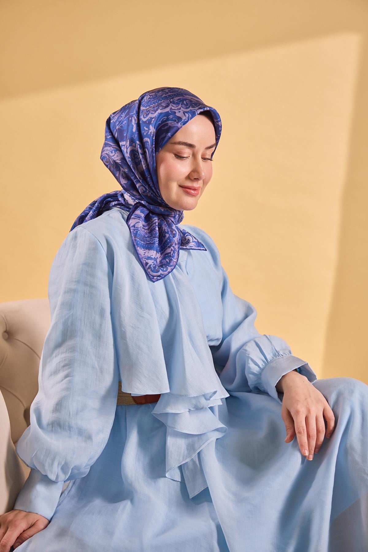 Twill İpek Eşarp Royale Şal Desen Koyu Mavi 90x90