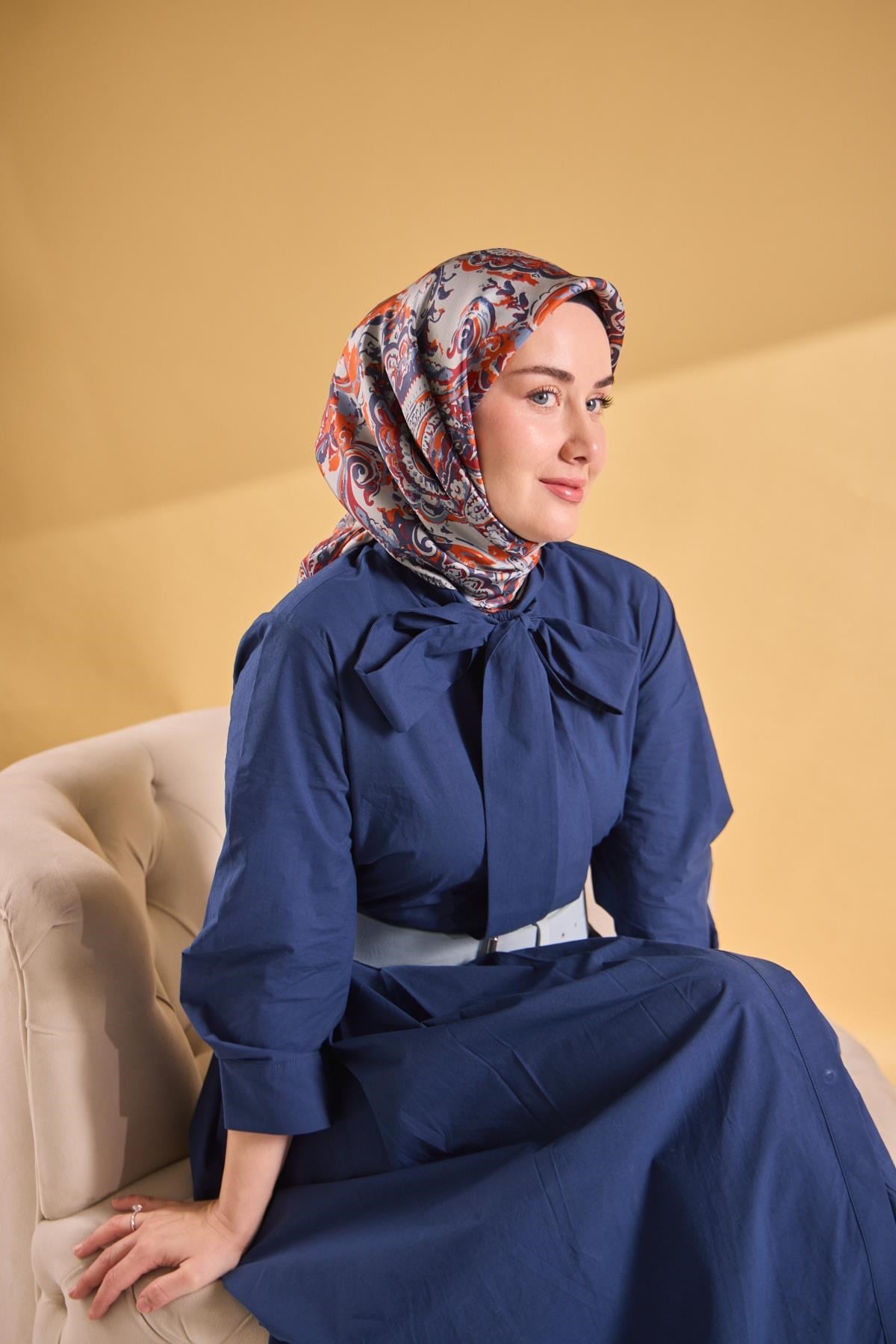 Twill İpek Eşarp Royale Şal Desen Turuncu 90x90