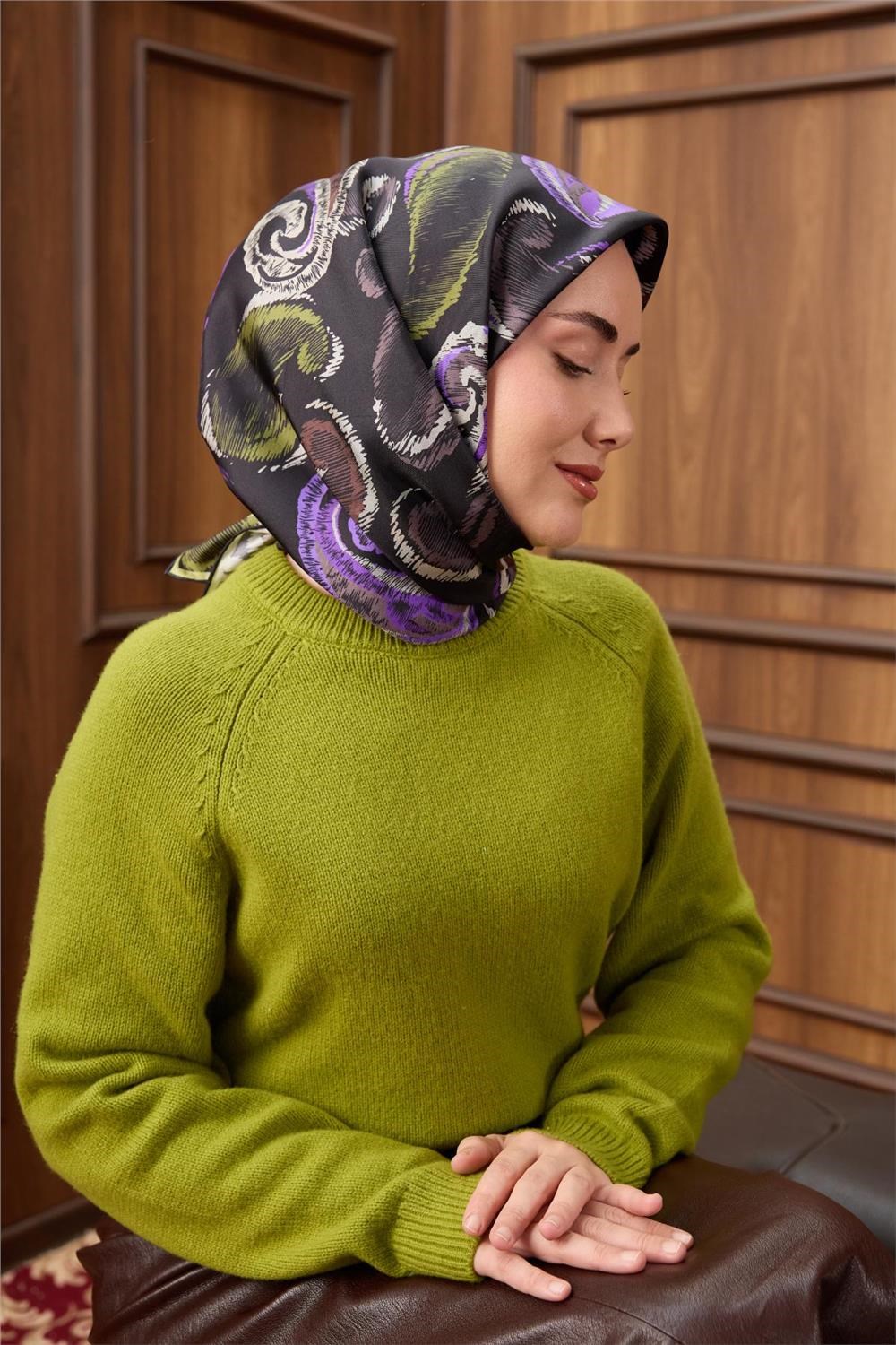 Twill İpek Eşarp Siyah-Funda Desenli Tok Duruşlu 90X90