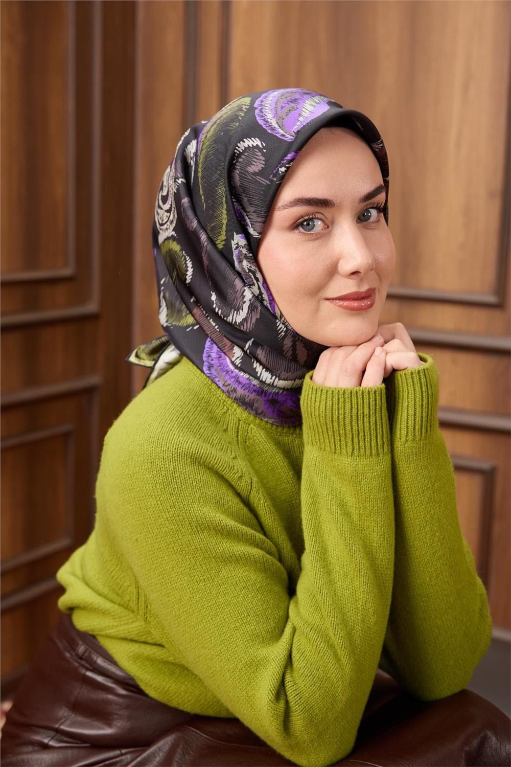 Twill İpek Eşarp Siyah-Funda Desenli Tok Duruşlu 90X90