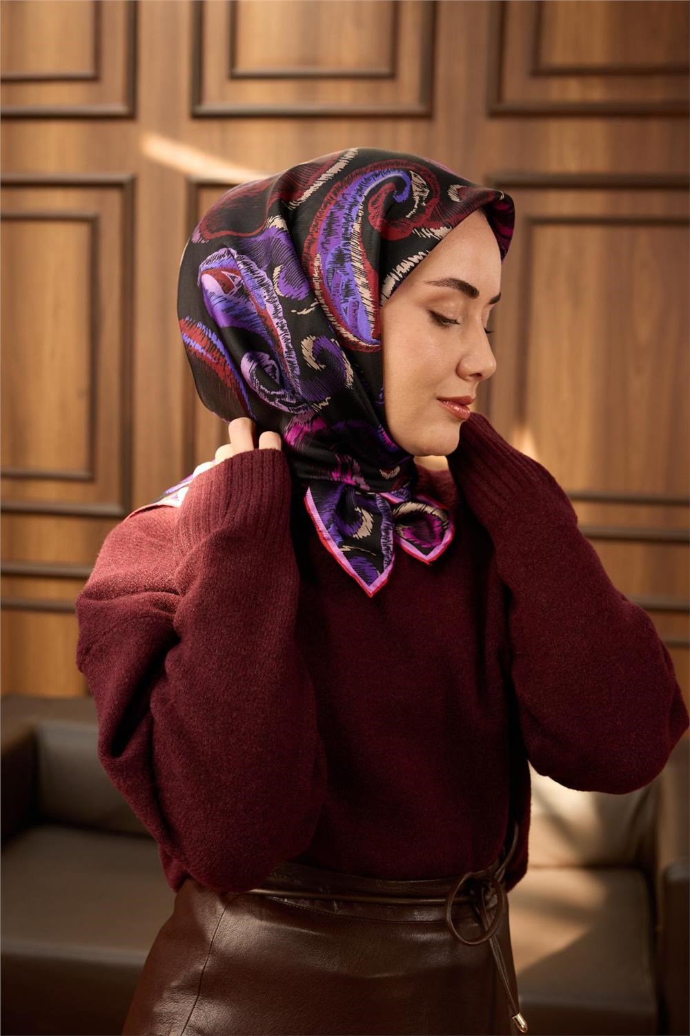 Twill İpek Eşarp Siyah-Fuşya Desenli Tok Duruşlu 90X90