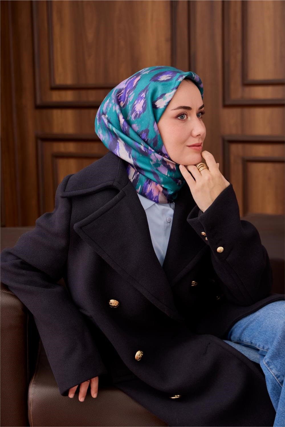 Twill İpek Eşarp Turkuaz-Leylak Desenli Tok Duruşlu 90X90