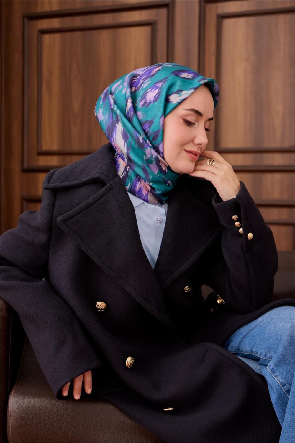 Twill İpek Eşarp Turkuaz-Leylak Desenli Tok Duruşlu 90X90