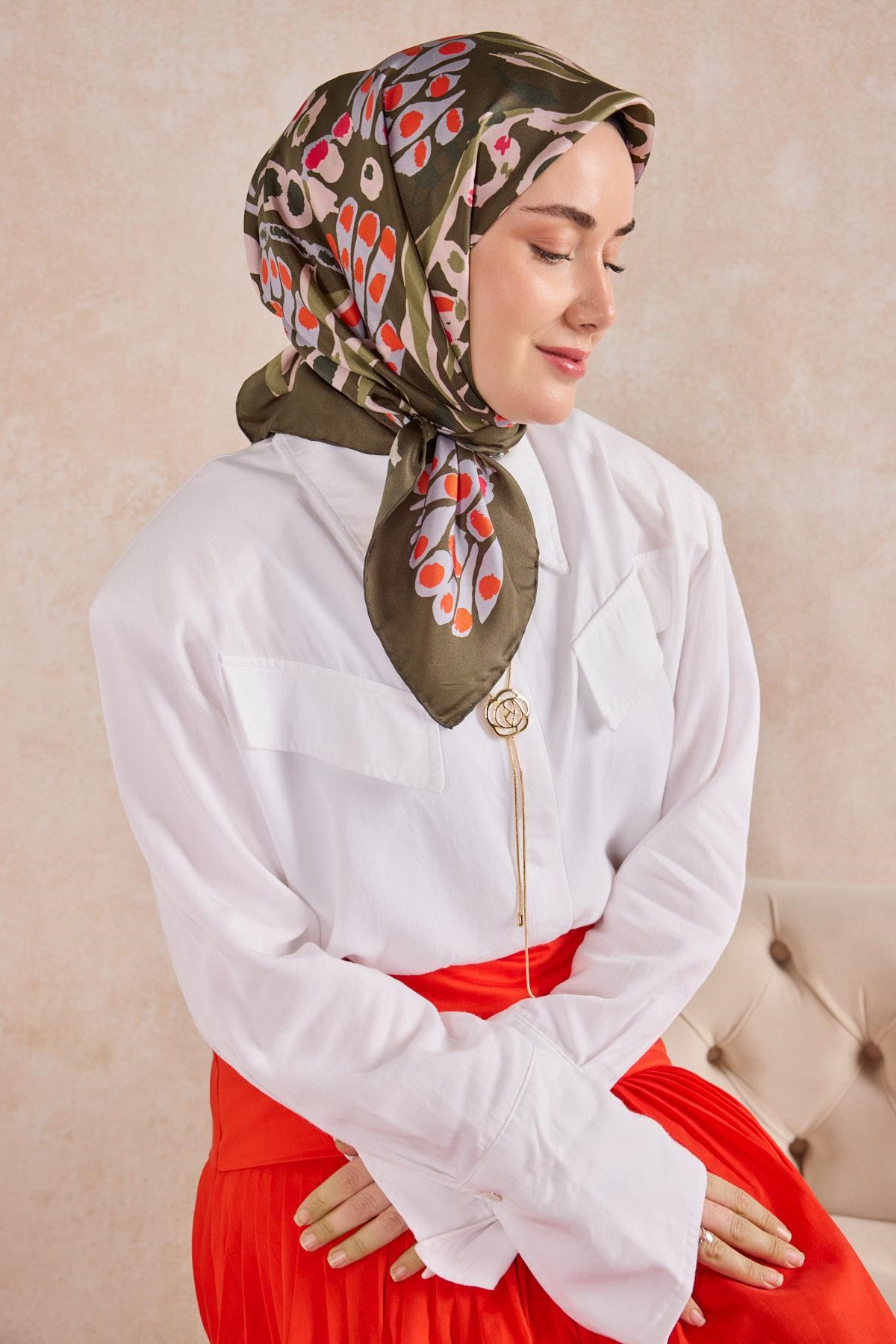 Twill İpek Mercan Eşarp Yeşil Kahve 90x90