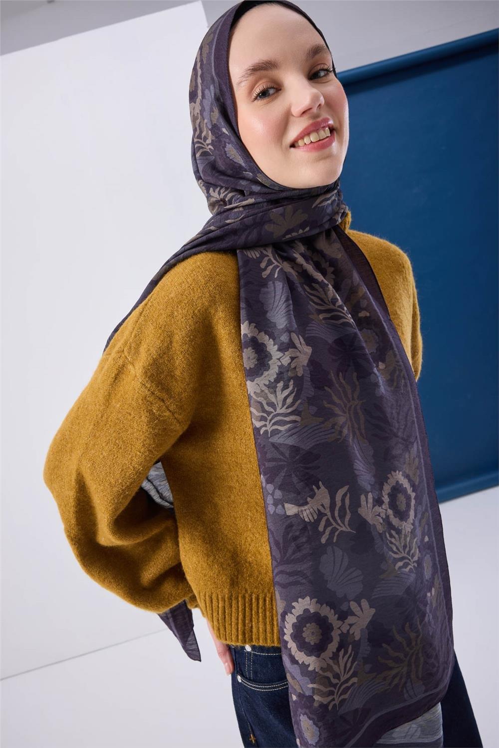 Viskon Mayda Şal Antrasit Zeminli Çok Renkli Desenli Yumuşak Dokulu 190x70