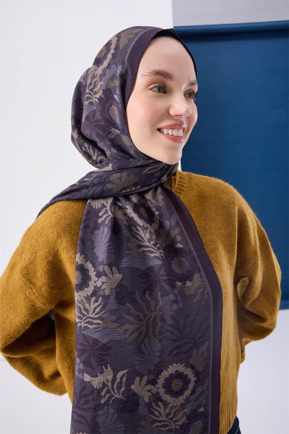 Viskon Mayda Şal Antrasit Zeminli Çok Renkli Desenli Yumuşak Dokulu 190x70