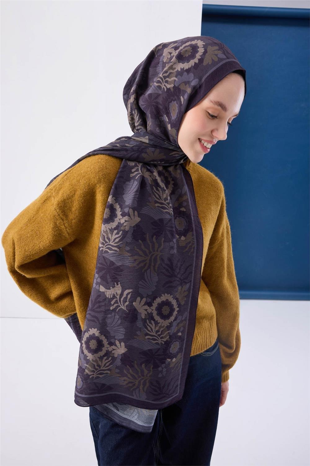 Viskon Mayda Şal Antrasit Zeminli Çok Renkli Desenli Yumuşak Dokulu 190x70