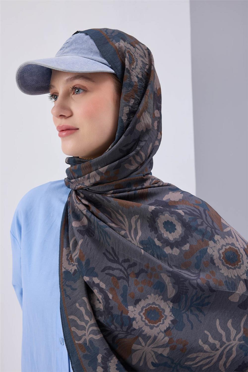 Viskon Karışımlı Mayda Şal Çelik Mavi-İndigo Desenli Tok Duruşlu 190x70