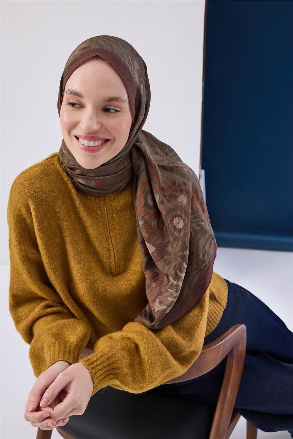 Viskon Karışımlı Mayda Şal Haki-Kiremit Desenli Tok Duruşlu 190x70