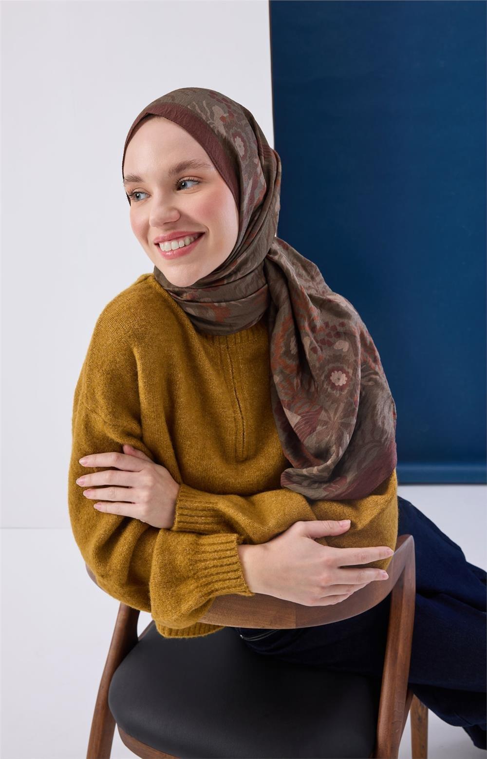 Viskon Karışımlı Mayda Şal Haki-Kiremit Desenli Tok Duruşlu 190x70