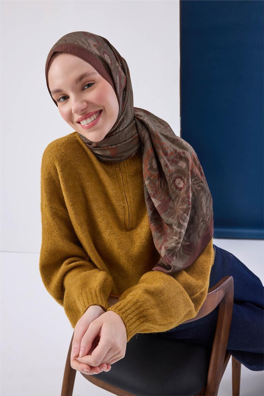 Viskon Karışımlı Mayda Şal Haki-Kiremit Desenli Tok Duruşlu 190x70