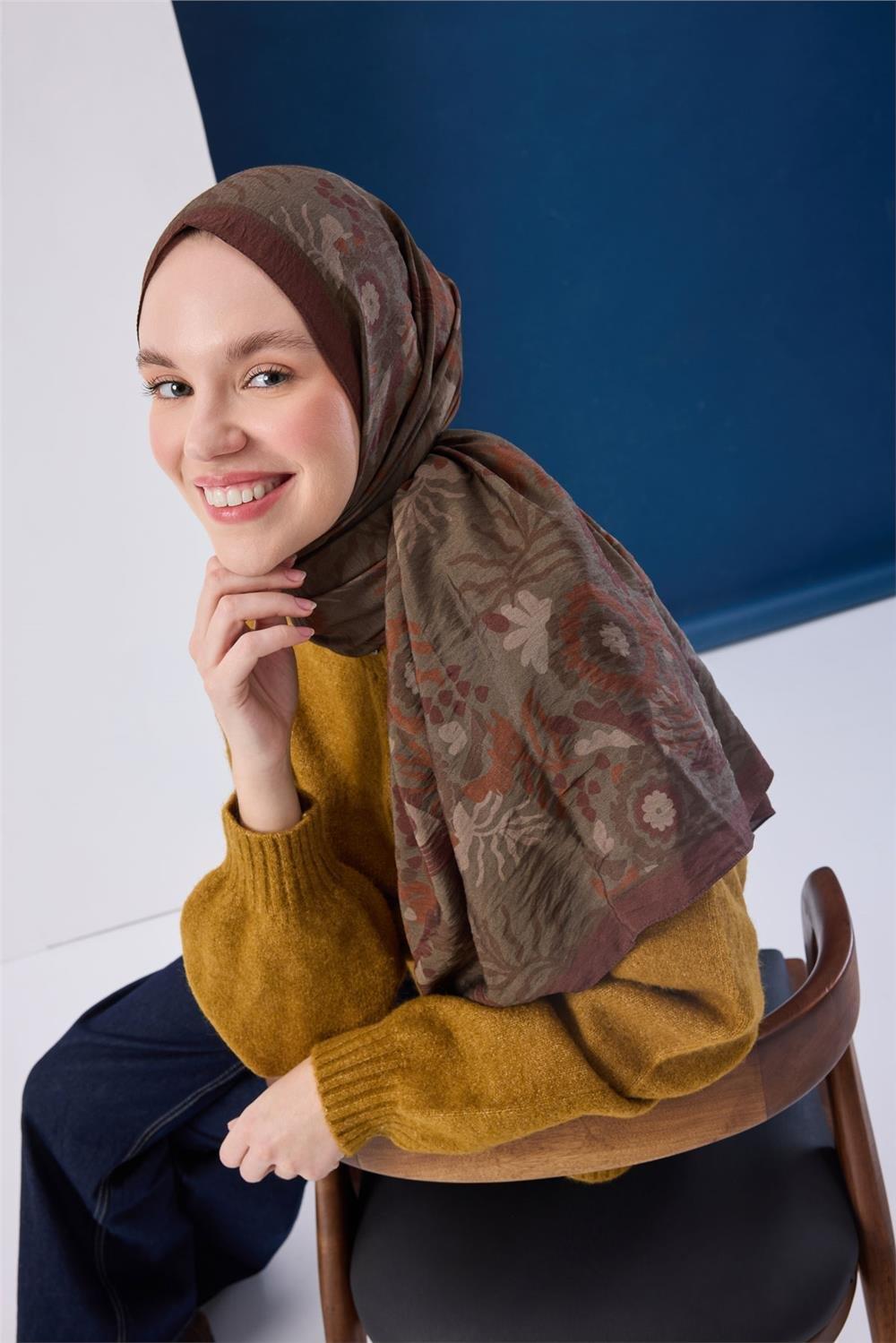 Viskon Karışımlı Mayda Şal Haki-Kiremit Desenli Tok Duruşlu 190x70